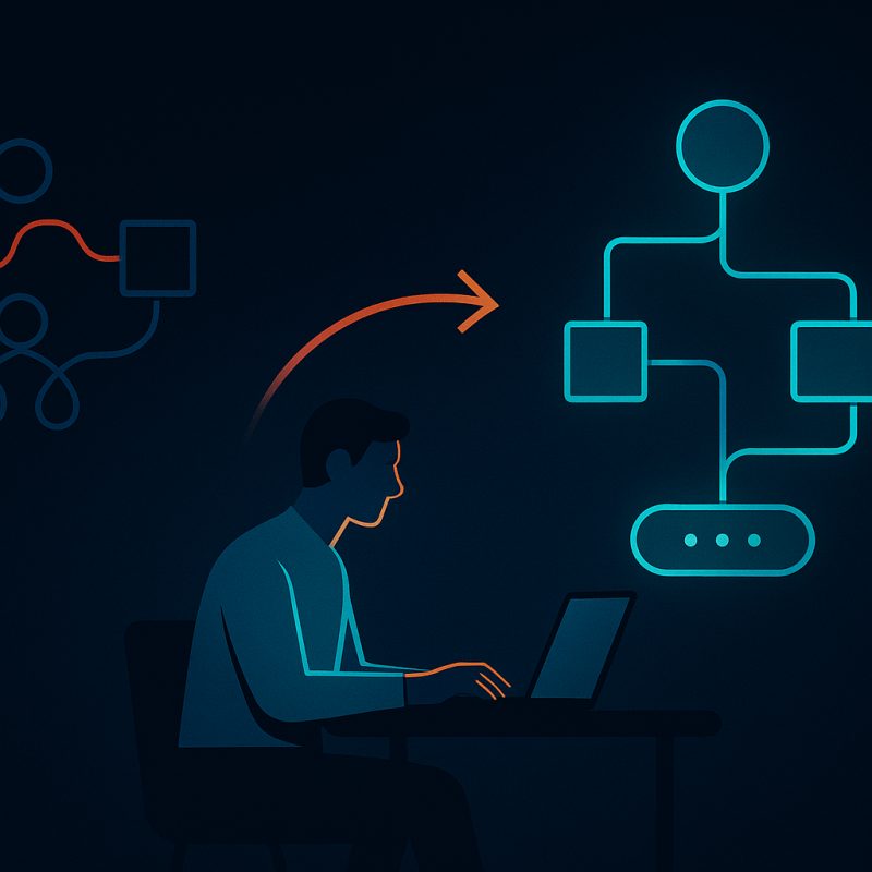 Connected workflow nodes on a dark control surface